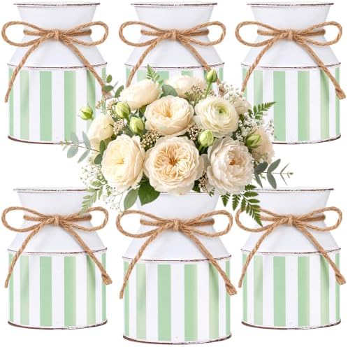 Domensi 6 Pcs Farmhouse Metal Flower Vase, Green Striped Table Centerpiece by Domensi