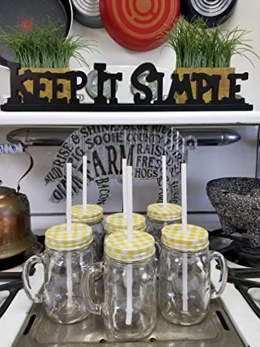 Sunshine Mason Co. Glass Mason Jar Drinking Mug set with handle, Yellow Gingham lids and White Straws, Set of 6 - Image 6