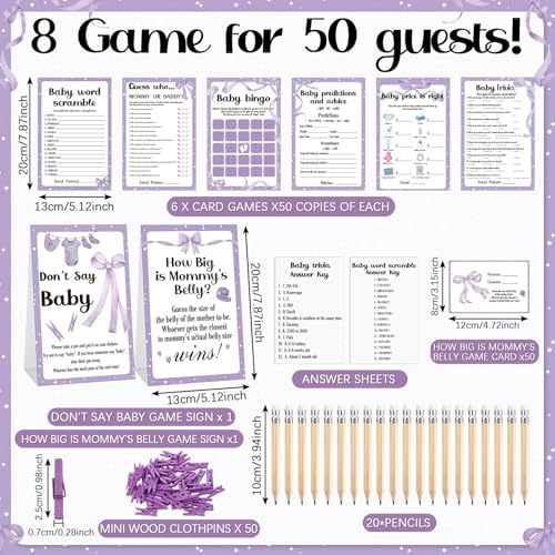 Dunzoom 461 Pcs Funny Baby Shower Games with Prize for Guest Winner, Purple - Image 2