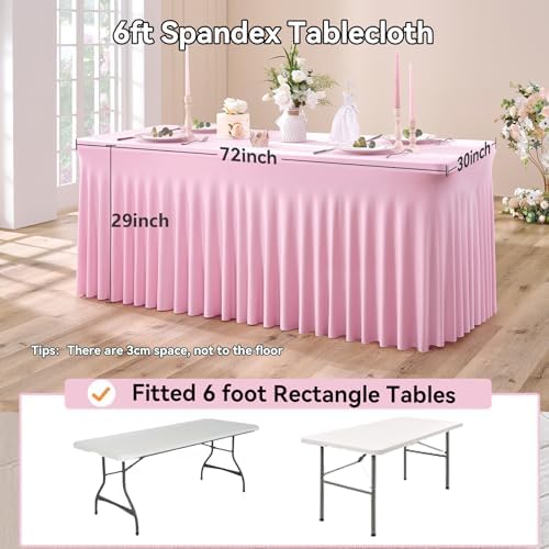NSSONBEN 6 pk Baby Pink Spandex Tablecloth 6ft with Ruffle Table Skirt, Wrinkle Free Stretchy Fitted Tablecloths for 6 Foot Rectangle Tables, Elastic Spandex Table Covers for Weddings Parties Banquet - Image 6