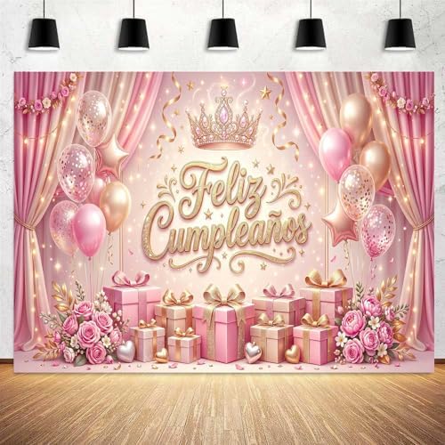 Feliz Cumpleaños Backdrop Pink Gold Balloon Crown Rose Gift Curtain Photo Background Banner for Women Girls Happy Birthday Party Photoshoot 12X10ft - Image 4
