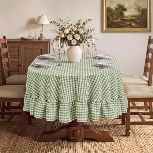 Romanstile Gingham Ruffled Oval Tablecloth, 60 x 84 Inch, Sage Green - Image 2