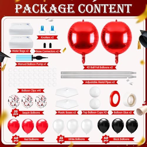 2 Sets Red Black and White Balloon Column Stand Kit, Adjustable Floor Balloon Arch Tower with Foil & Latex Balloons, DIY Decor for Birthday Ceremony Backdrop - Image 2
