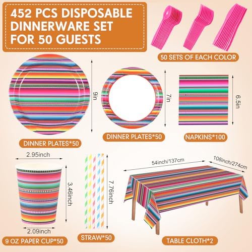 Funnymoom 452 Pcs Mexican Party Decoration for 50 Guest, Mexican Serape Fiesta Paper Plates Napkins Cups Tablecloth Cutlery Straws Taco Disposable Tableware Set for Mexico Birthday Party Supplies - Image 2