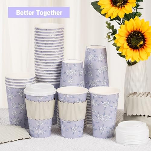 50 Pack 16oz Vintage Purple Floral Disposable Coffee Cups with Lids & Sleeves – Premium Paper for Mother's Day, Wedding, Birthday, Brunch, Cafés,Party Supplies - Image 3