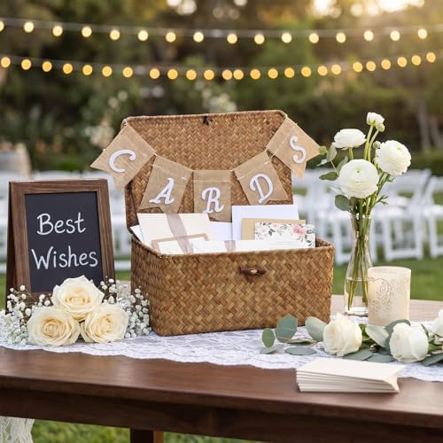 Geelin Seagrass Wedding Card Basket with Burlap Banner Woven,Coffee - Image 3