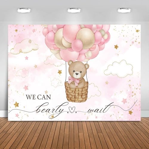12x10FT Baby Shower Backdrop We Can Bearly Wait Pink Bear Hot Air Balloon Photography Background Newborn Baby Shower Party Decorations Banner Photo Booth Props by Unknown