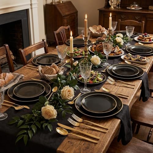 I00000 150Pcs Black Plastic Plates, Heavy Duty Black Plates for 30 Guests - Image 3
