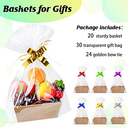 Fainne 74 Pcs Baskets for Gifts Empty Bulk DIY Empty Gift Basket Include 20 Kraft Cardboard Tray with Handles 30 Bags 24 Bows for Christmas Thanksgiving Birthdays Snacks Party, 8" x 6" x 3"(Brown) - Image 4