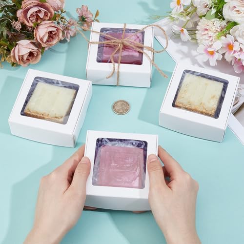 BENECREAT 48Pcs Square White Paper Boxes, Gift Boxes with Clear Window for Wedding Party Favor, Bakery, Christmas, Jewelry Gift Packaging, 3.7x3.7x1.38 Inch - Image 3