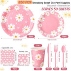 Ziliny 350 Pcs Daisy Party Supplies Tableware Set Disposable 9'' 7'' Paper Plates 9 oz Cups Cutlery Napkins Dinnerware Set for 1st Birthday, Serve 50 (Daisy Birthday, White, Pink) - Image 2