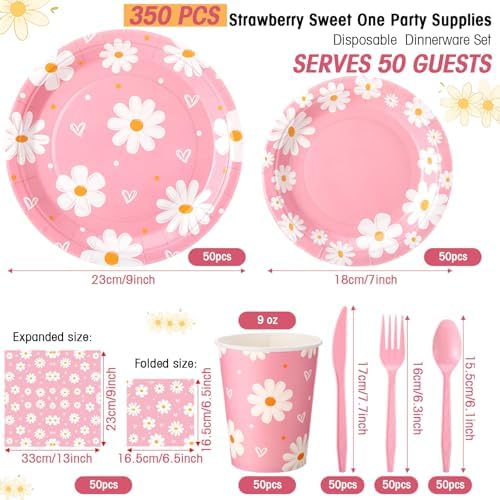 Ziliny 350 Pcs Daisy Party Supplies Tableware Set Disposable 9'' 7'' Paper Plates 9 oz Cups Cutlery Napkins Dinnerware Set for 1st Birthday, Serve 50 (Daisy Birthday, White, Pink) - Image 2