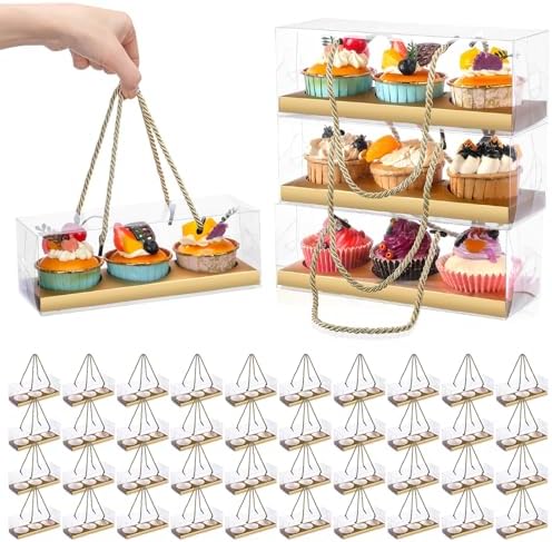 Thenshop 40 Pcs Clear Cupcake Boxes 9x3x3 in 3 Compartment Holder,Gold by Thenshop