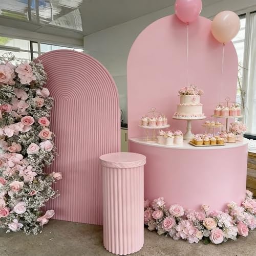 Double-Sided Arch Frame Fabric Cover Beige White Ripples Arched Panel Stand Cover for Wedding Birthday Baby Shower Parties Decoration (Pink-HP462,3X6.5ft) - Image 3