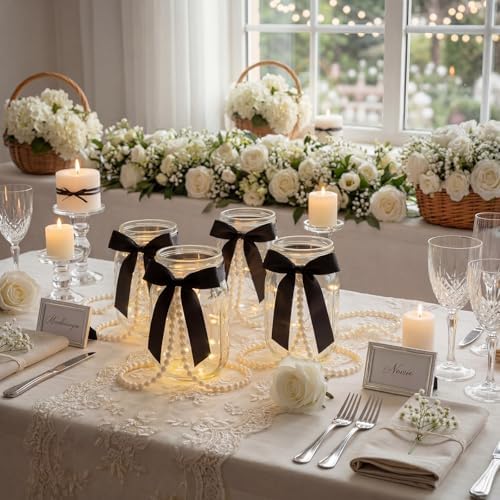 6 Sets Mason Jars Centerpieces with Light for Table, Black Bow - Image 6