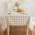 Beige Gingham Tablecloth Rectangle, Cotton Linen Checkered, 55x106 Inch - Image 4