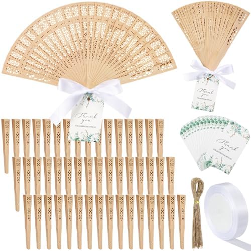 Quzzil 50 Sets Wooden Hand Fan Sandalwood Wood Handheld Folding Fans with Ribbon Thank You Tag for Wedding Guests Baby Shower Birthday Bridal Gifts Party Favors (White,Leaf) by Unknown