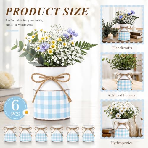 Domensi 6 Pcs Farmhouse Metal Flower Vase, Blue Gingham Table Centerpiece - Image 2