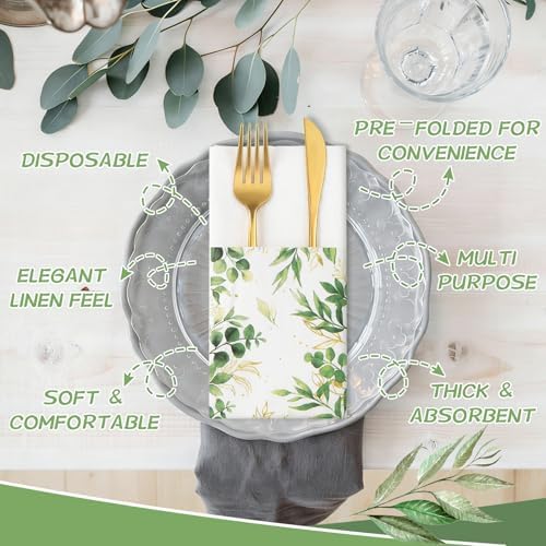 Potchen 100 Pcs Linen Feel Napkins Disposable, Green Eucalyptus Leaf - Image 4