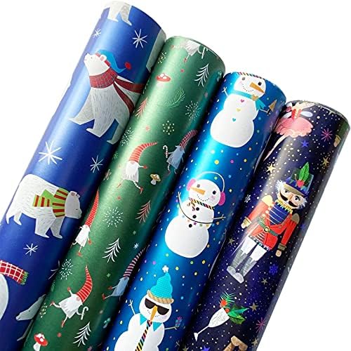 Jillson Roberts Christmas Wrapping Paper Roll Bundle with Cut Lines on Reverse (25 sq ft per roll, 100 Total Sq Ft) Polar Bear, Nutcracker Ballet, Gnome for Christmas, Snowman Party, 4 Pack by JillsonRoberts