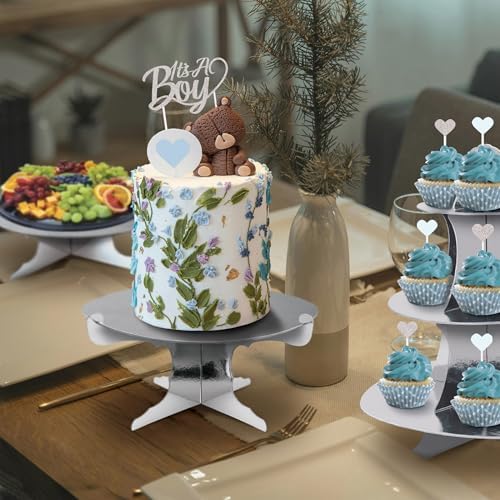 Beistle It’s A Boy Dessert Display Bundle – Silver Metallic Cupcake Stand, 2-Tier Cake Stands & Glitter “It’s A Boy” Cake Topper with Heart Picks, Baby Shower & Reveal Party Supplies for Food Tables - Image 6