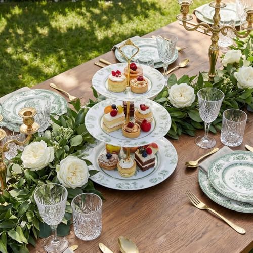 Lallisa Sage Green Floral 3 Tier Dessert Stand 10", 9" and 7" Ceramic Vintage Chinoiserie Tea Party Tiered Tray Cupcake Stand Display Holder Tower for Wedding Baby Shower Bridal Shower Tea Party - Image 4