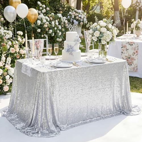 SoarDream Silver Party Tablecloth 90x132 Inch Sequin Sparkle Table Cover Glitter Rectangle Tablecloth for Wedding Baby Shower Birthday Party Table Decor - Image 2