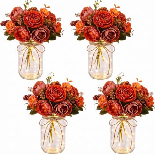 4 Sets Rose Flower Mason Jar Centerpiece with LED Lights for Wedding by Tianxunewtig