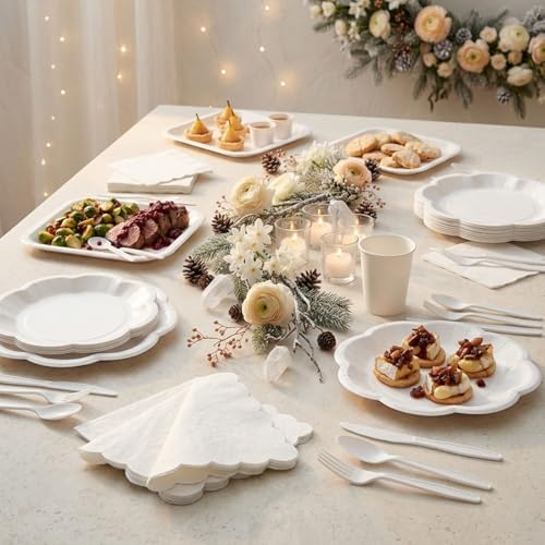 Vyntra White Paper Plates, Cups & Napkins, 350 Pcs Scalloped Party Set - Image 5