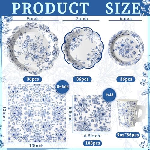 Pickmesh 252 Pcs Blue Floral Tea Party Supplies for 36 Guests Blue and White Porcelain Paper Disposable Dinnerware Floral Teacups with Handle and Saucers Set for Tea Party Decorations Birthday Wedding - Image 2