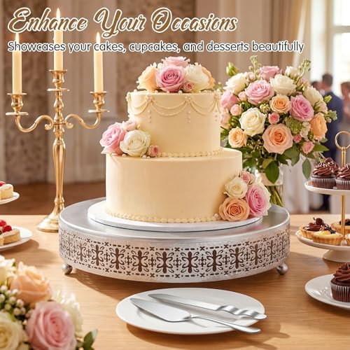 Wenqik Silver Metal Cake Stand 14 Inch with Cutting & Spatula - Image 6