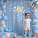 10x10ft Baby Blue Tulle Backdrop Curtain with Lights String for Parites, Sheer Photo Backdrop Curtain Drapes for Wedding Baby Shower Bridal Shower Birthday Party Photo Shoot Decorations - Image 2
