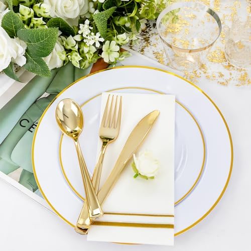 SUT 350 PCS Elegant White and Gold Disposable Dinnerware Set - Premium Dinner & Salad Plates, Cups, Napkins & Cutlery for 50 Guests - All-Inclusive Party Plastic Plates - Image 3