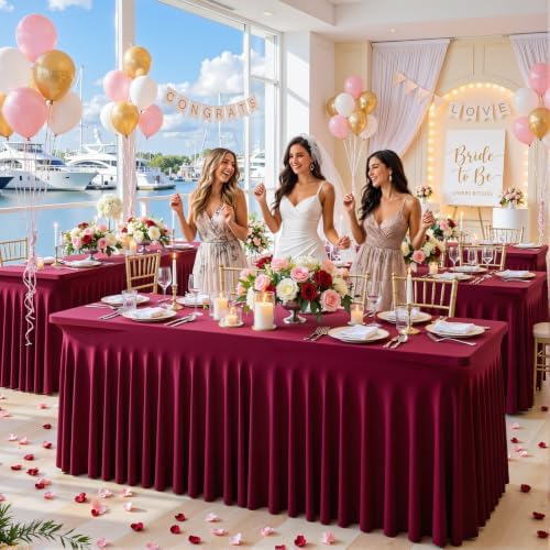 gogoparti 4 Pack Spandex Burgundy Fitted Table Cloth for 6ft Rectangle Tables Burgundy Stretch Tablecloth Table Covers Banquet Table Clothes Wrinkle Free Table Skirt for Parties Wedding - Image 3