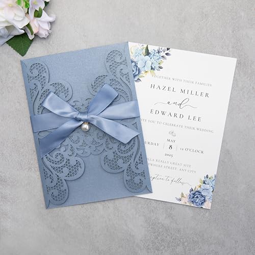 20Pcs Personalized Wedding Invitation, Customized Dusty Blue Laser Cut Invitation Cards With Envelopes Rhinestone Pearls and Ribbons For Wedding XV Anos Quinceanera Invitation - Image 5