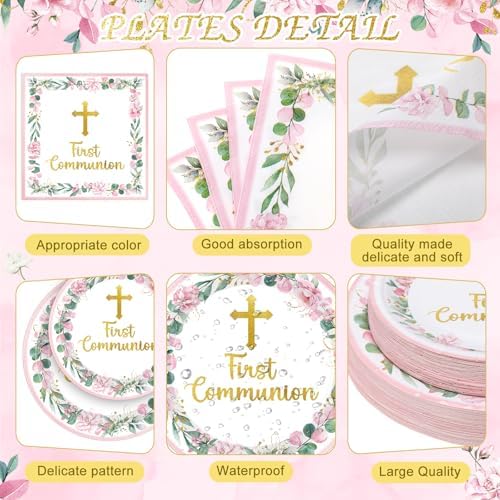 Ceenna 452 Pcs First Communion Party Decoration Girl for 50, Pink Baptism Paper Plate Napkin Cup Tablecloth Cutlery Straw God Bless Disposable Tableware for Christening Religious Baby Shower Supplies - Image 2
