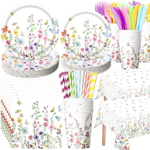 Funnymoom 452 Pcs Wildflower Party Supplies Include Spring Floral Disposable Paper Plates Napkins Cups Tablecloth and Cutlery Straws for Wedding Garden Tea Party Decoration Bridal Shower Baby Shower by Funnymoom