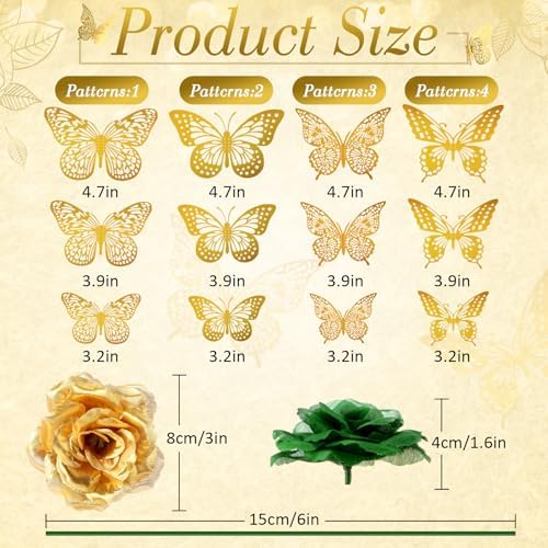 296 Pcs Artificial Roses Silk Flowers 3D Butterflies, Green, Gold - Image 2