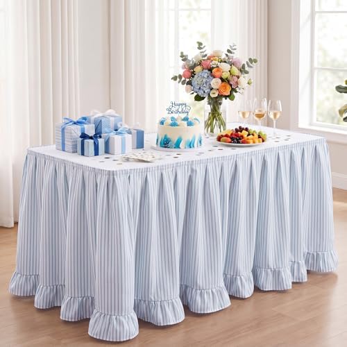 Flutesan 14 ft Blue Stripped Table Skirt for Rectangle Tables - Image 3