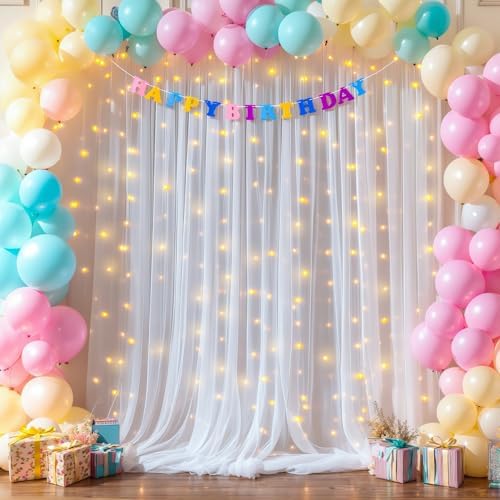 White Tulle Backdrop with Fairy Lights for Parites Wrinkle-Free Shiny Sheer Curtain Photo Back Drop Drapes for Baby Shower Birthday Party Photography Home Decorations - Image 4