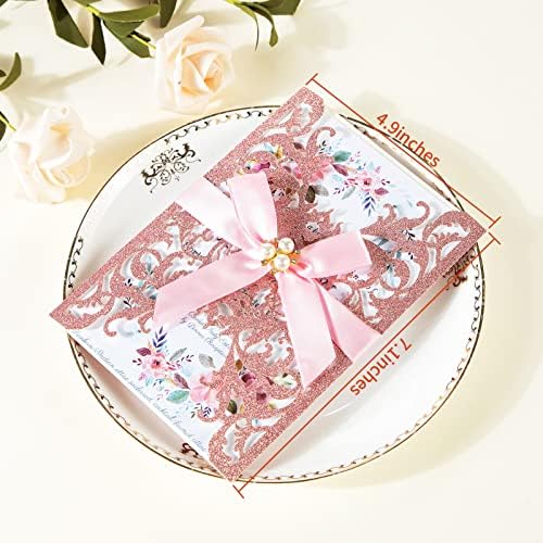 Glitter Laser Cut Wedding Invitations With Envelopes And Rsvp Cards Blank Inner Sheet Pink Gold Wedding Invitation Personalized 25Pcs For Engagement Quinceanera Bridal Baby Shower Birthday - Image 2