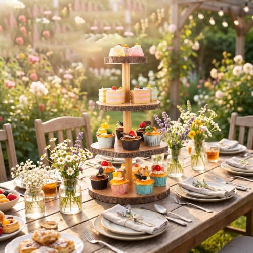 2 Pack Wood Cupcake Stand, 3 Tier Wood Cake Stands, Round Tiered Tray Stand, Large Rustic Cake Display Holder Stands, 3 Tier Wooden Cupcake Tower for Woodland Baby Shower, Wedding, Birthday, Tea Party - Image 4
