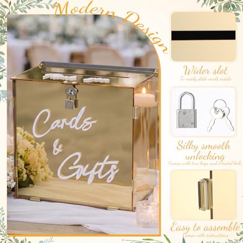 BreezeHug 10" Gold Acrylic Wedding Card Box with Lock & 3D Letters - Image 4