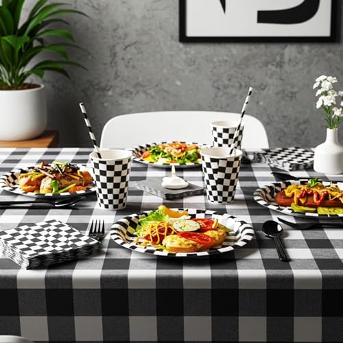 Funnymoom 452 Pcs Checkered Flag Party Supplies for 50 Guests, Black and White Checkered Paper Plates Napkins Cups Tablecloth Cutlery Straws for Race Car Birthday Party Decorations - Image 6