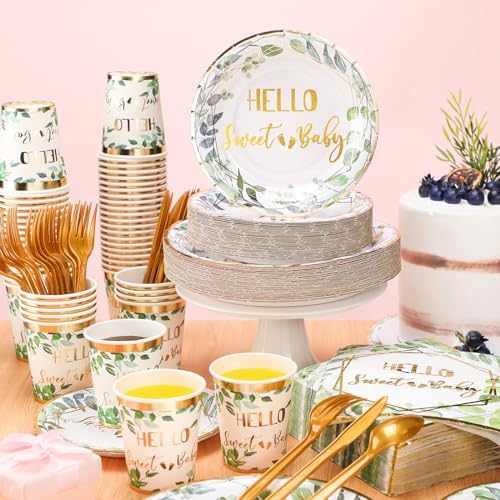 400 Pcs Baby Gender Reveal Plates and Cups and Napkins Sets with Forks Spoon Party Supplies Baby Shower Paper Tableware Gender Reveal Decorations Disposable Cutlery, Serves 50(Green White,Hello Sweet) - Image 2