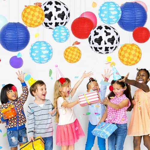 Whaline 12Pcs Cartoon Story Paper Lantern Kits Red Blue Cow Print Yellow Checkered Hanging Round Lanterns for Birthday Baby Shower Party Decoration - Image 6
