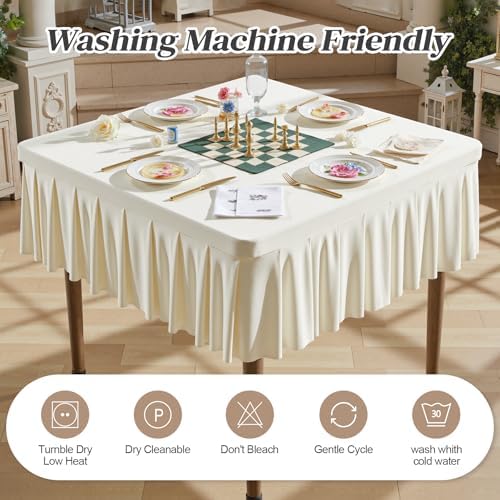 Wish Care 4 Pack Ivory Spandex Tablecloths for 34x34 Inch Square Tables, Stretch Fitted Table Clothes with Pleated Ruffle Skirt for 34” Table, Wrinkle Free and Elastic, for Party Kitchen Home Dining - Image 3