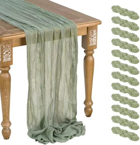 12 Pack Sage Green Cheesecloth Table Runner 10ft Boho Gauze Cheese Cloth Table Runner Rustic Sheer Runner 120 inch Long for Christmas Wedding Bridal Baby Shower Birthday Table Decorations by WJWHQ