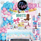 Boots or Bows Gender Reveal Decorations, Baby Boy or Girl Party Decor Backdrop Balloon Garland Banner Tablecloth Cake Cupcake Topper Box Sash Pink Blue by Fiesec