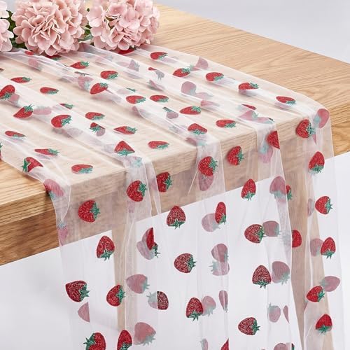 12 Pcs 29x70 Inch Strawberry Shiny Glitter Tulle Table Runner, White Lace Strawberry Tablecloth for Cake Birthday Party Wedding Baby Shower Christmas Decorations by ACRNIGHEET